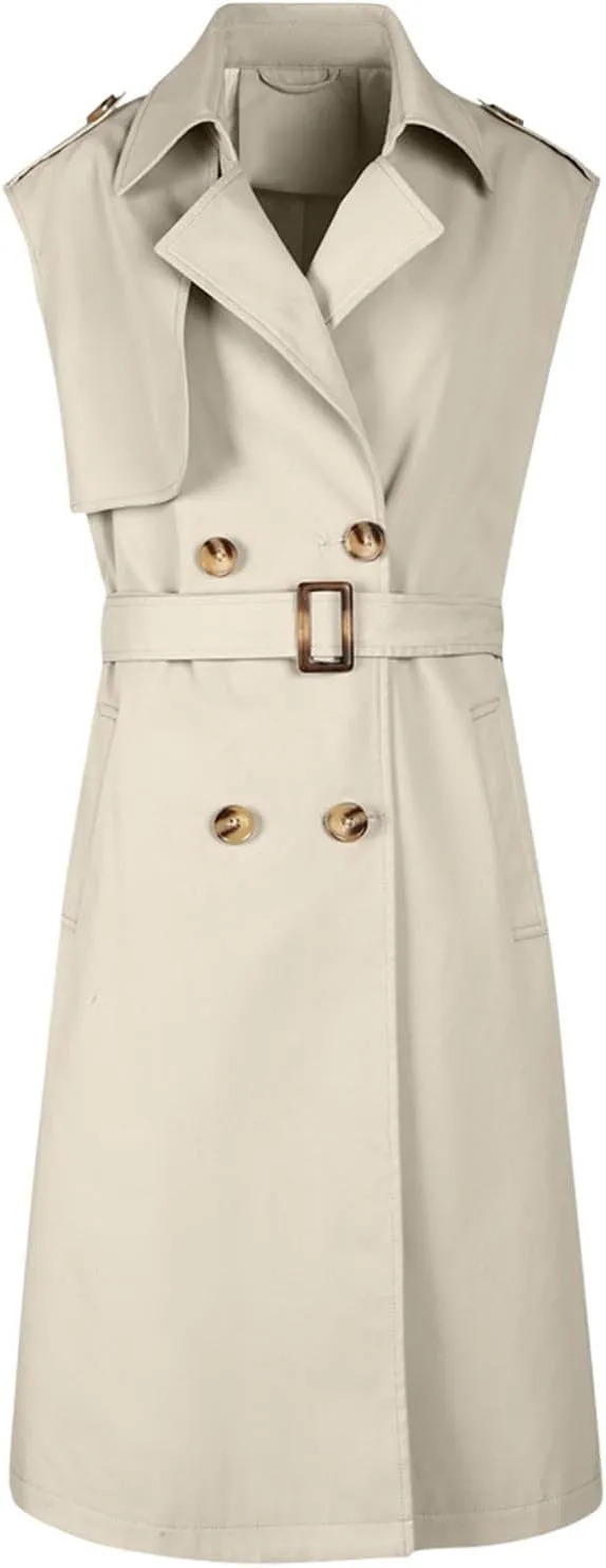 Sleeveless Trench Coat Women V Neck Double Breasted Belted Overcoat Business Casual Work Jacket Blazer Dress 2024