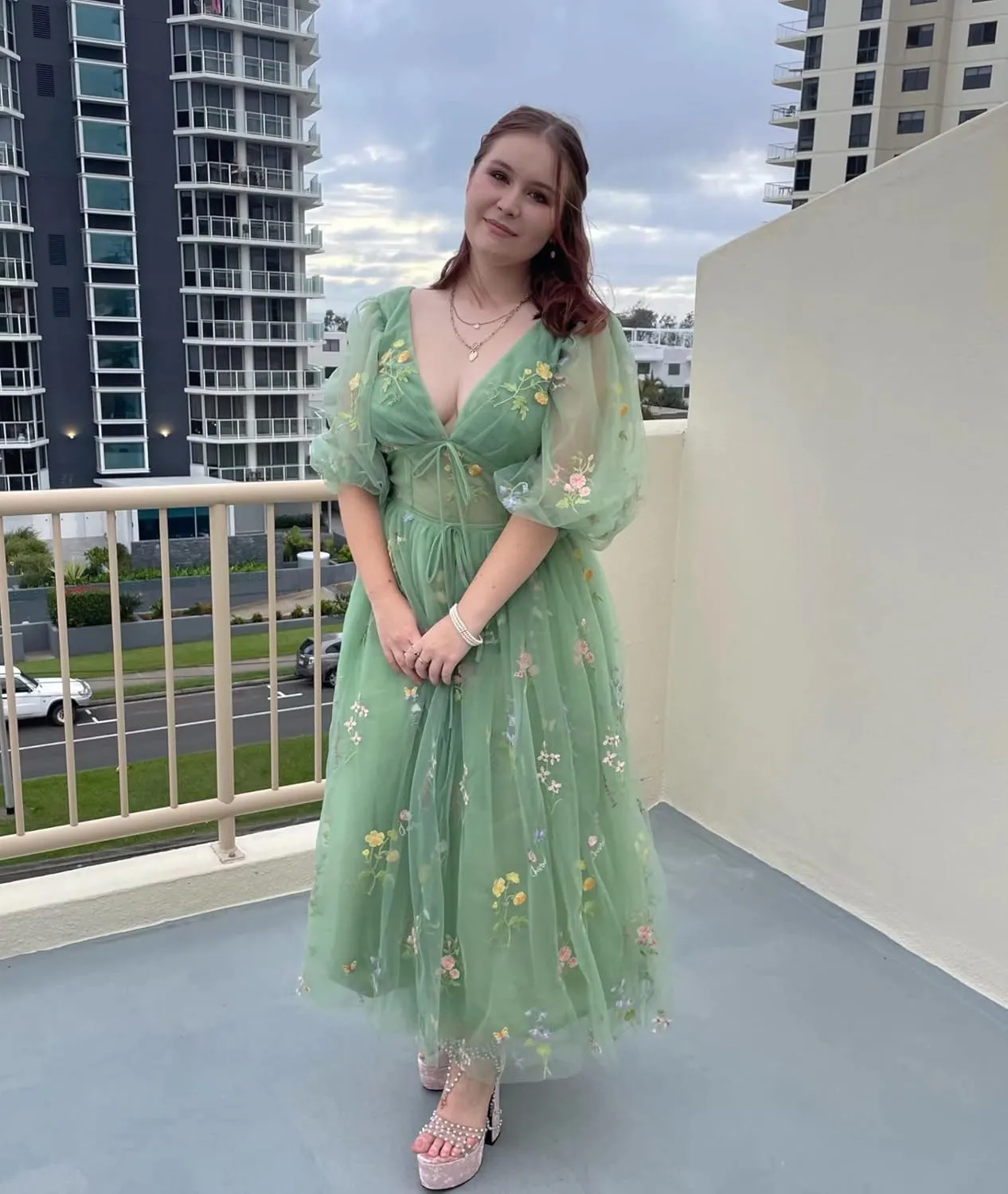 Smileven Women's Puffy Sleeve Prom Dresses Flower Embroidery Tulle Formal Evening Party Gowns