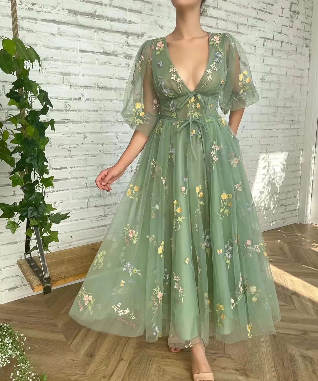 Smileven Women's Puffy Sleeve Prom Dresses Flower Embroidery Tulle Formal Evening Party Gowns