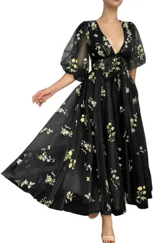 Smileven Women's Puffy Sleeve Prom Dresses Flower Embroidery Tulle Formal Evening Party Gowns
