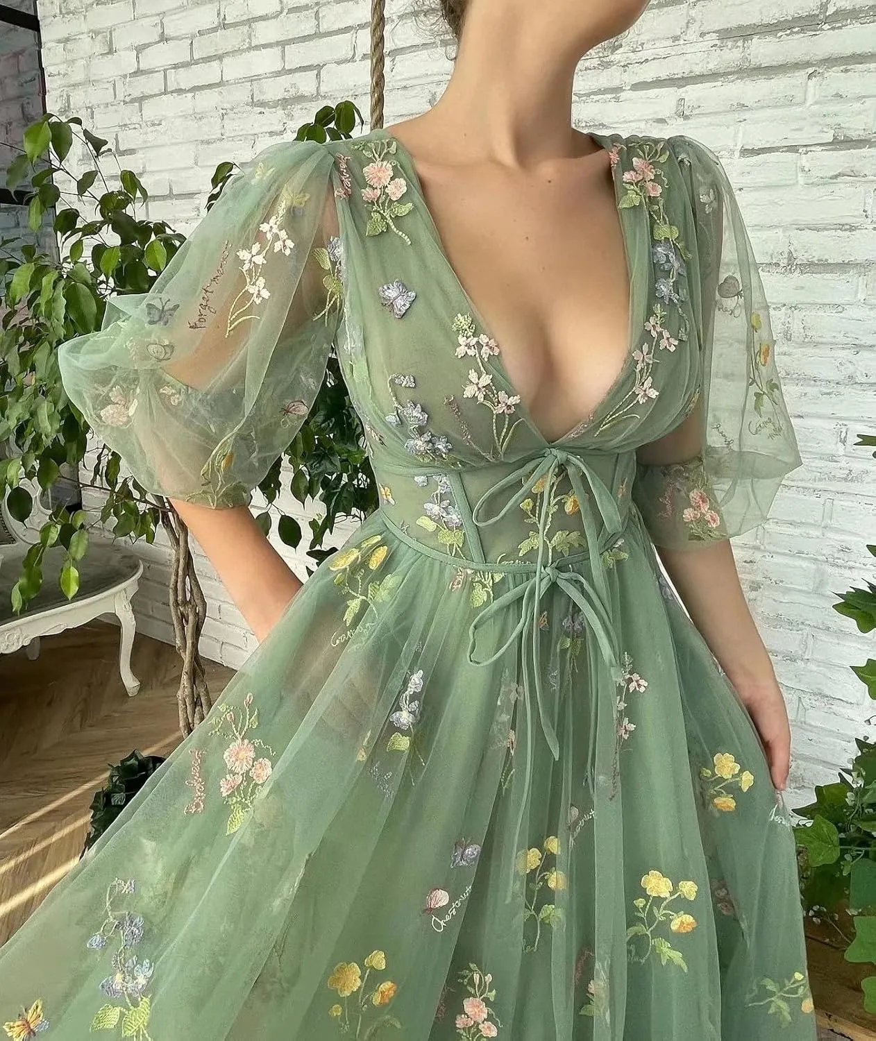 Smileven Women's Puffy Sleeve Prom Dresses Flower Embroidery Tulle Formal Evening Party Gowns