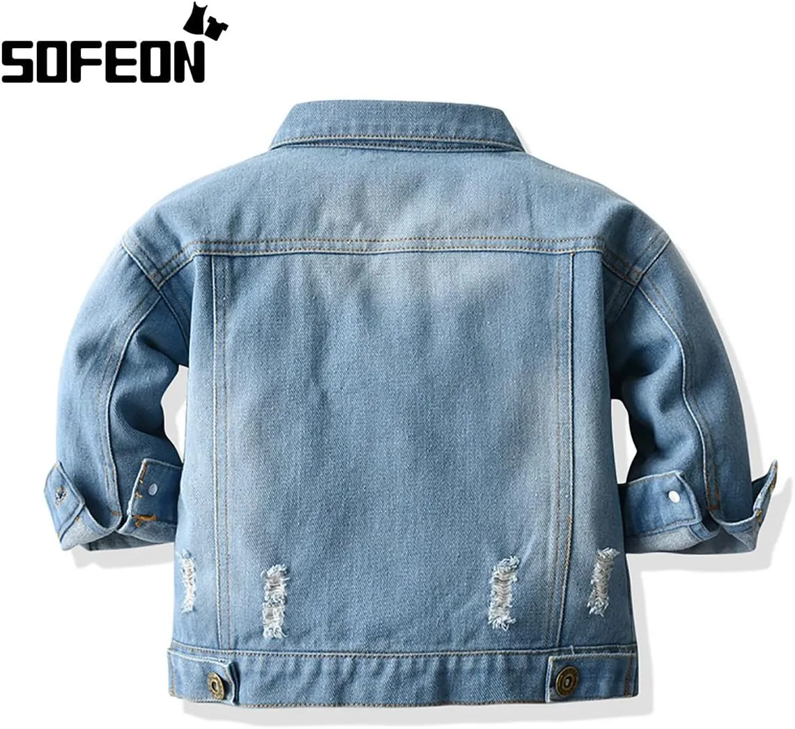 SOFEON Toddler Baby Boy Girls Denim Jacket Button Down Basic Ripped Hoodie Jeans Coat Kid Cowboy Outwear Casual Clothes