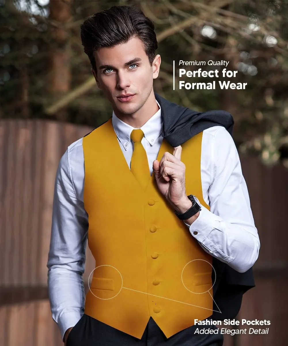 Solid Suit Vest for Men Set of 4 - Vest, Tie, Bow Tie & Pocket Square (Black Back)