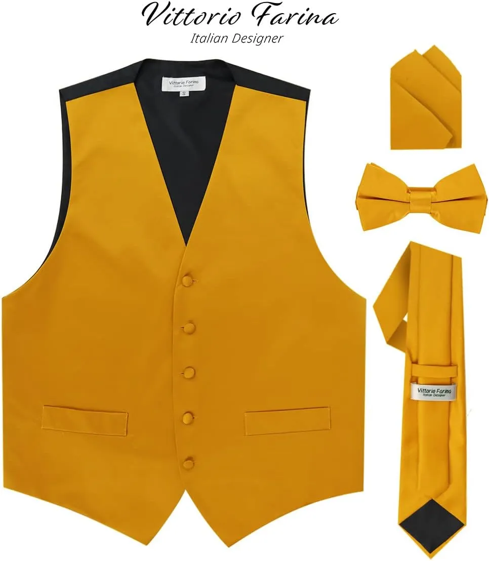 Solid Suit Vest for Men Set of 4 - Vest, Tie, Bow Tie & Pocket Square (Black Back)