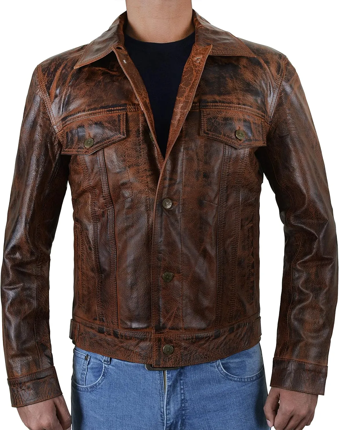 SpazeUp Vintage Trucker Jacket Men Leather Trucker Classic Outerwear - Black Brown