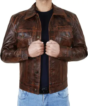 SpazeUp Vintage Trucker Jacket Men Leather Trucker Classic Outerwear - Black Brown