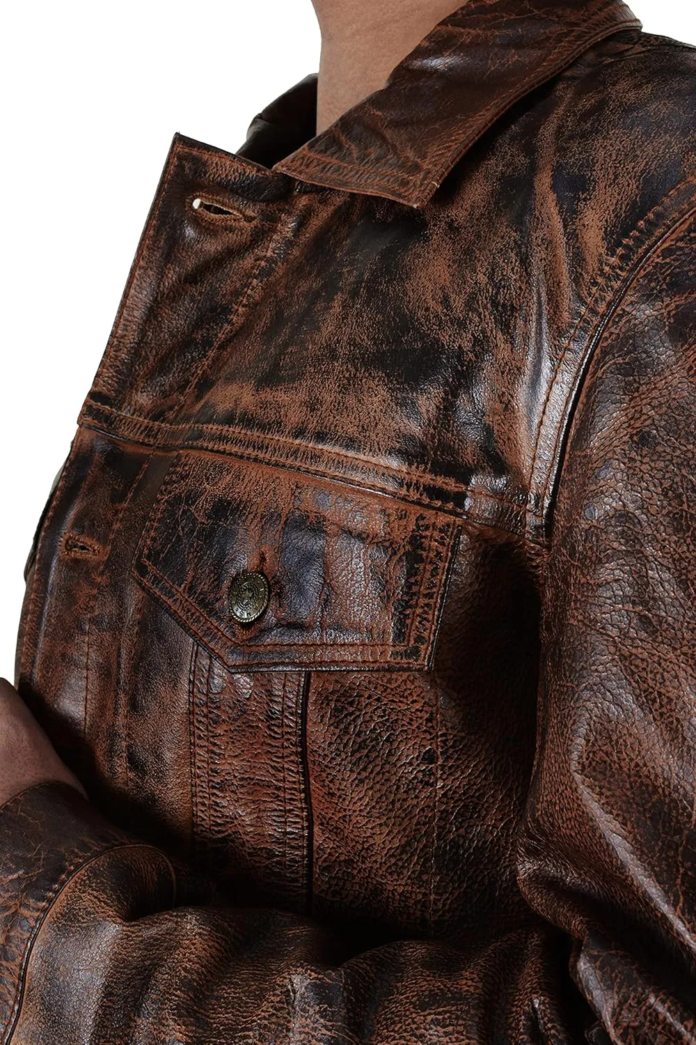 SpazeUp Vintage Trucker Jacket Men Leather Trucker Classic Outerwear - Black Brown