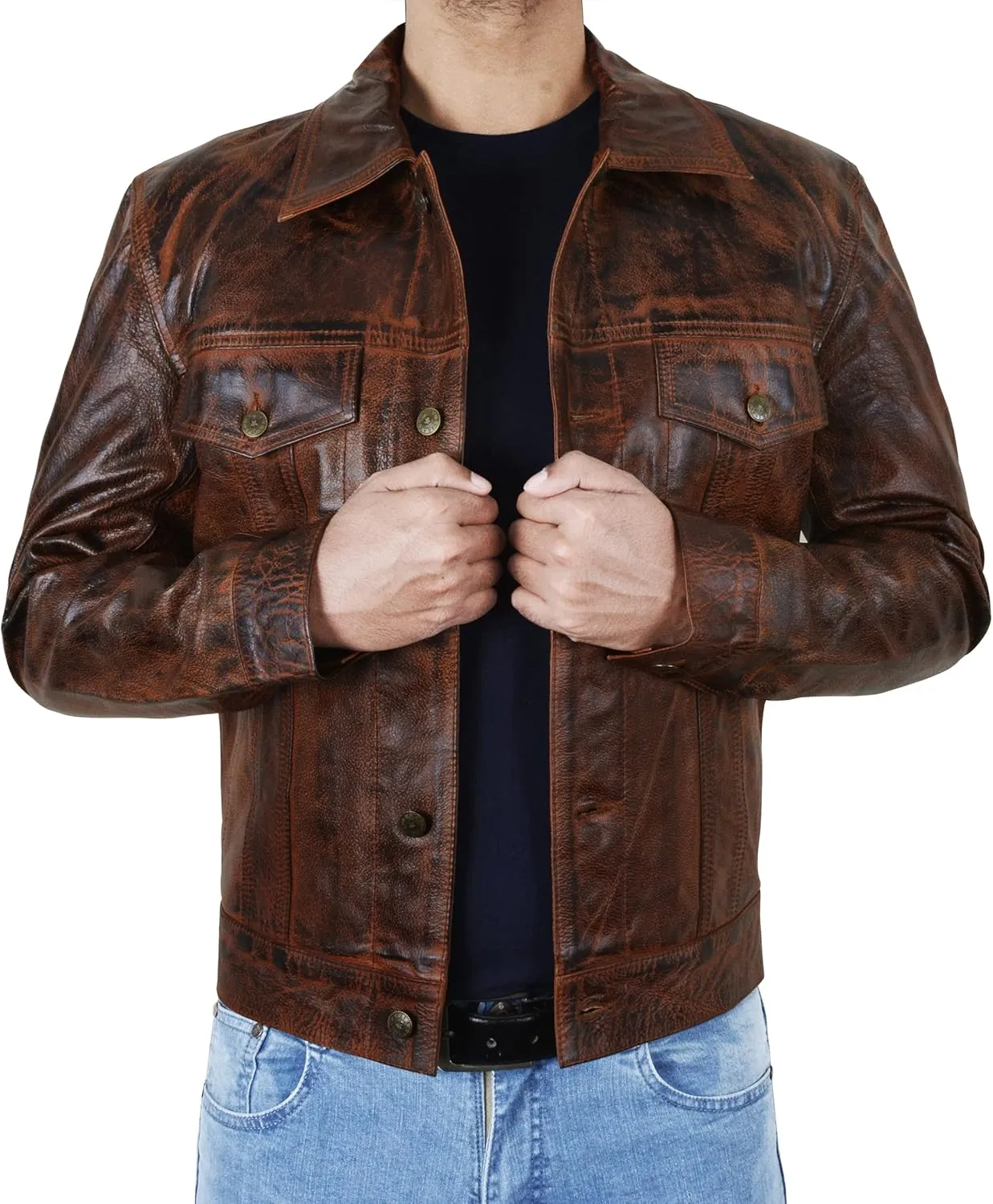 SpazeUp Vintage Trucker Jacket Men Leather Trucker Classic Outerwear - Black Brown