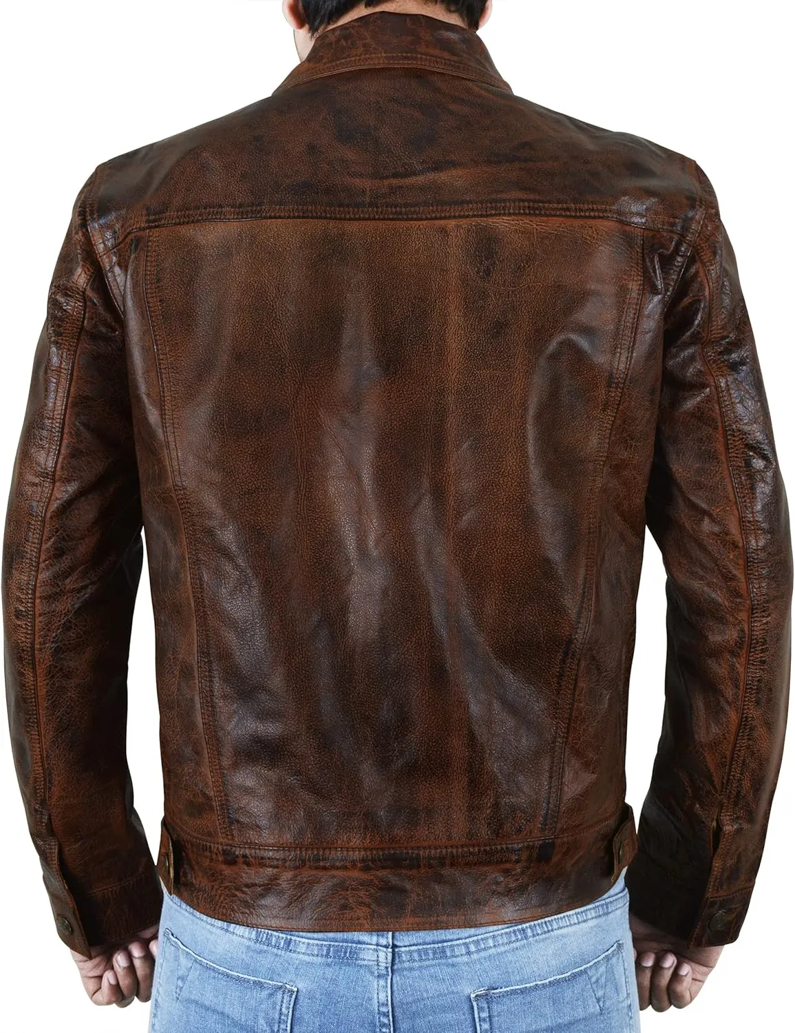 SpazeUp Vintage Trucker Jacket Men Leather Trucker Classic Outerwear - Black Brown