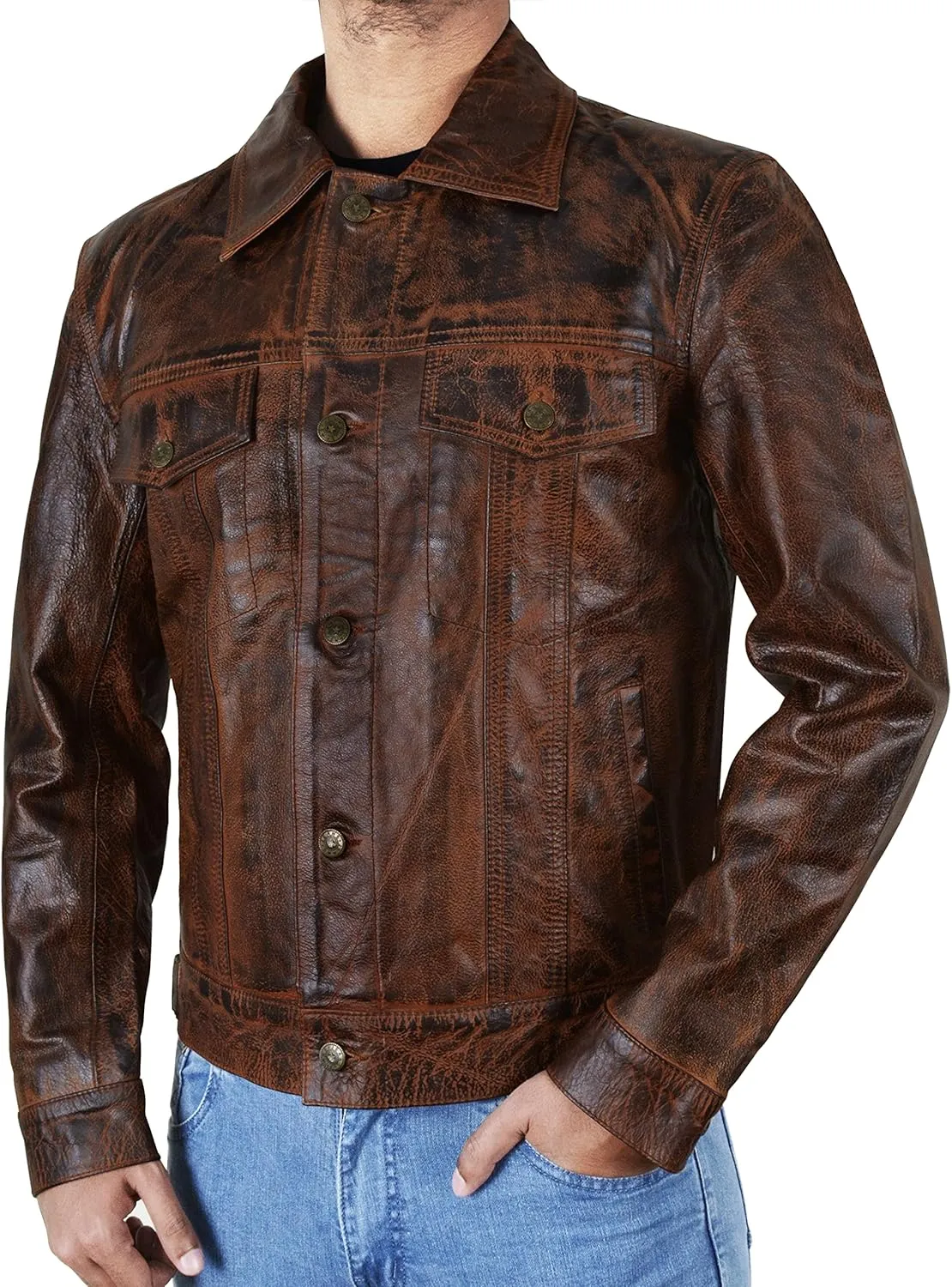 SpazeUp Vintage Trucker Jacket Men Leather Trucker Classic Outerwear - Black Brown