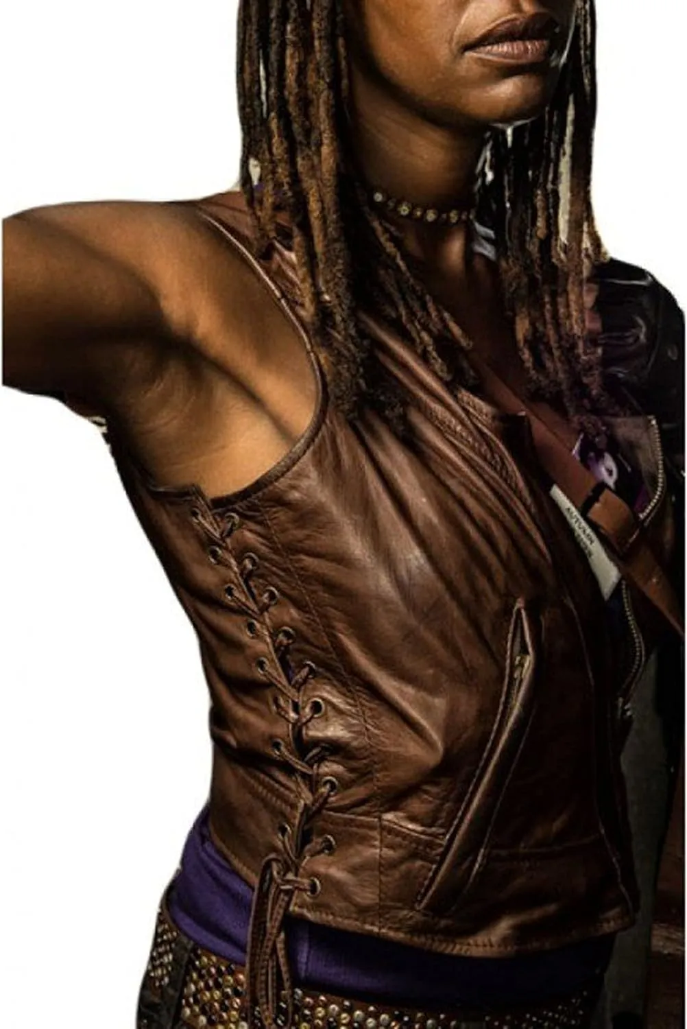 SpazeUp Womens Brown Biker Leather Vest - Brown Leather Motorcycle Vest for Women - Walking Cosplay Costume