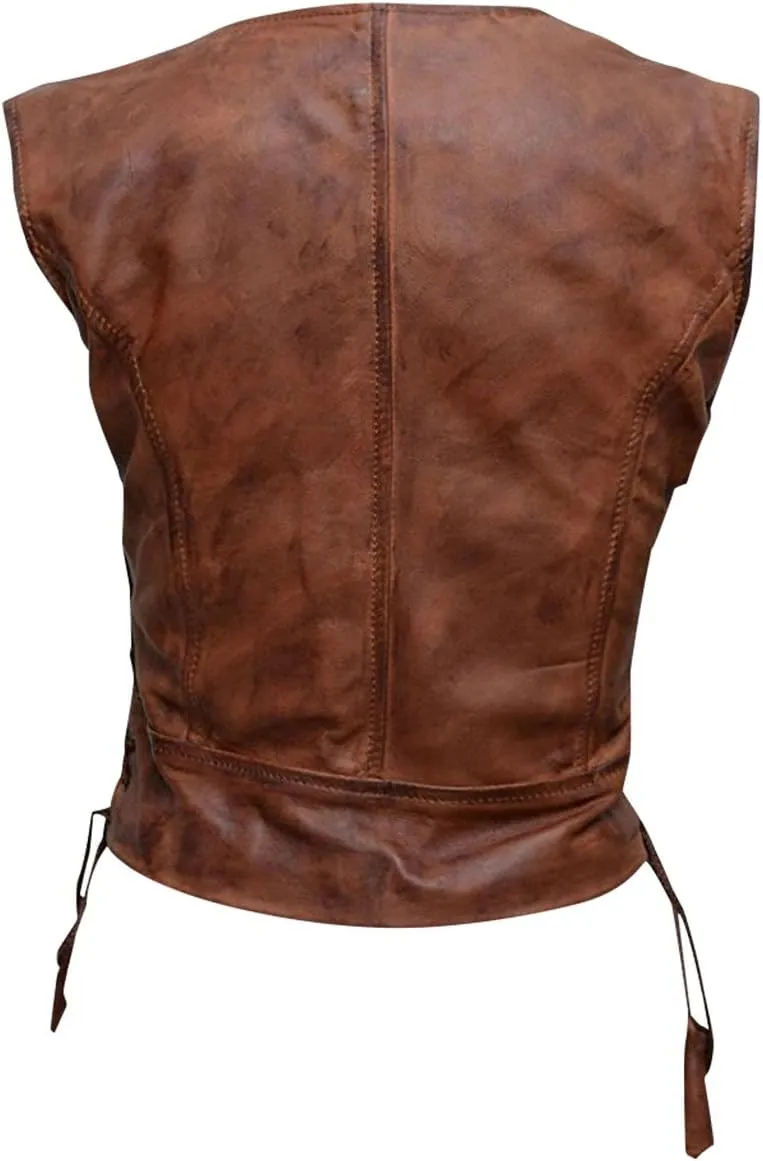 SpazeUp Womens Brown Biker Leather Vest - Brown Leather Motorcycle Vest for Women - Walking Cosplay Costume