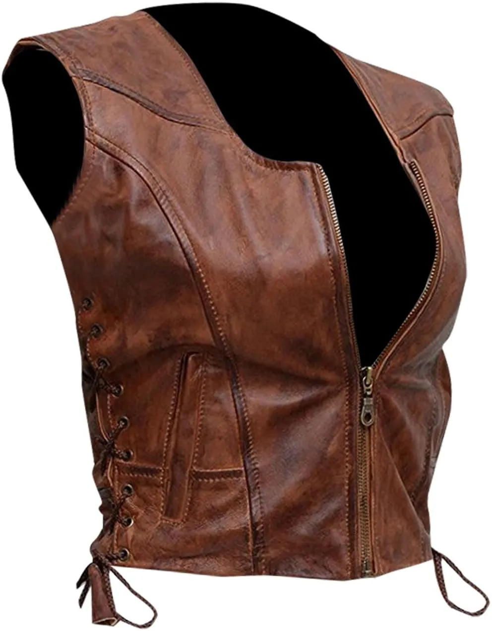 SpazeUp Womens Brown Biker Leather Vest - Brown Leather Motorcycle Vest for Women - Walking Cosplay Costume