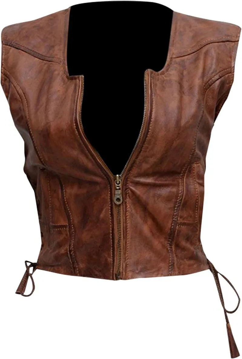 SpazeUp Womens Brown Biker Leather Vest - Brown Leather Motorcycle Vest for Women - Walking Cosplay Costume