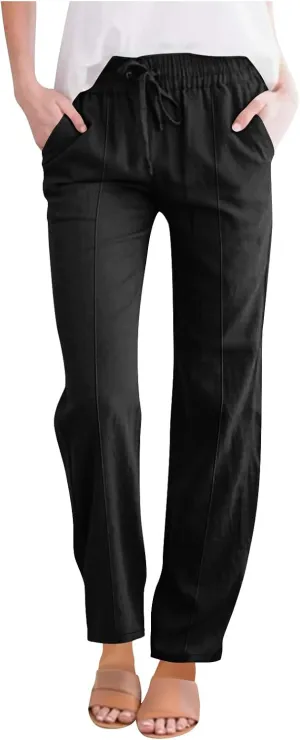 Straight Leg Cotton Linen Pants Women Summer Beach Lounge Pants Elastic Waist Drawstring Casual Trousers with Pockets