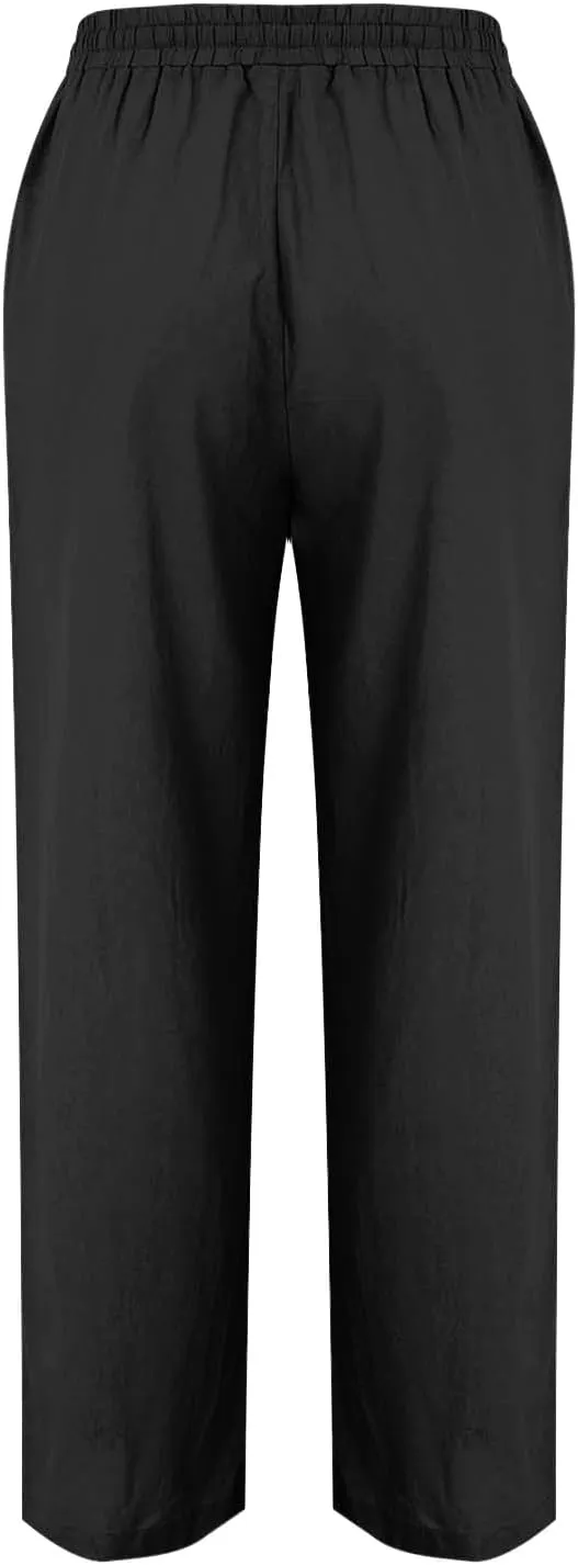 Straight Leg Cotton Linen Pants Women Summer Beach Lounge Pants Elastic Waist Drawstring Casual Trousers with Pockets