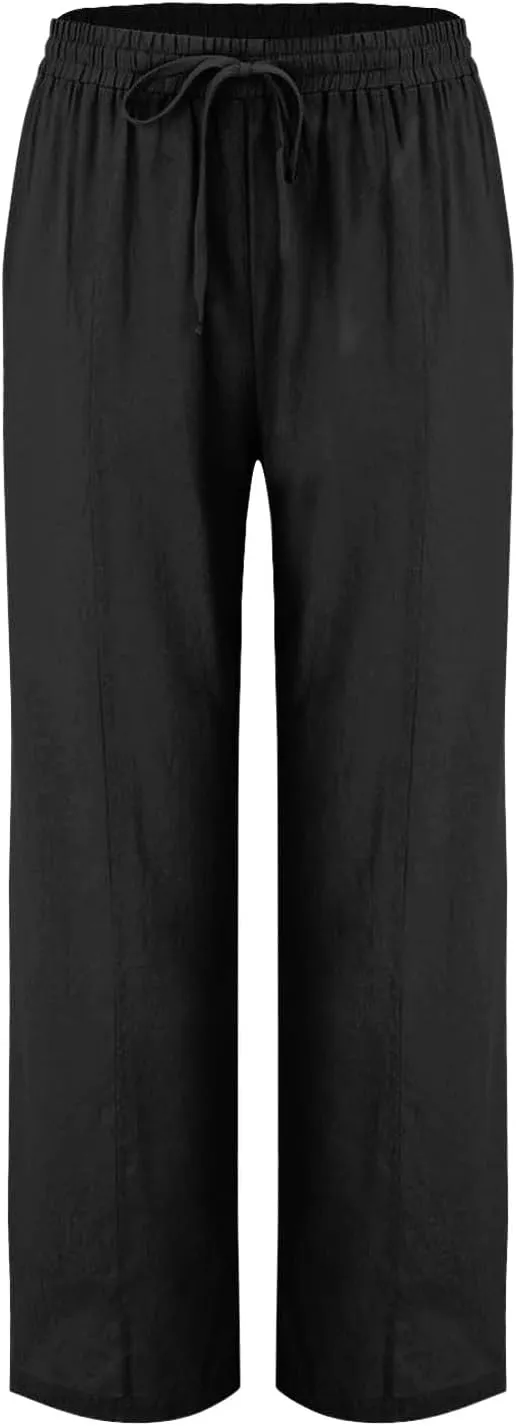 Straight Leg Cotton Linen Pants Women Summer Beach Lounge Pants Elastic Waist Drawstring Casual Trousers with Pockets