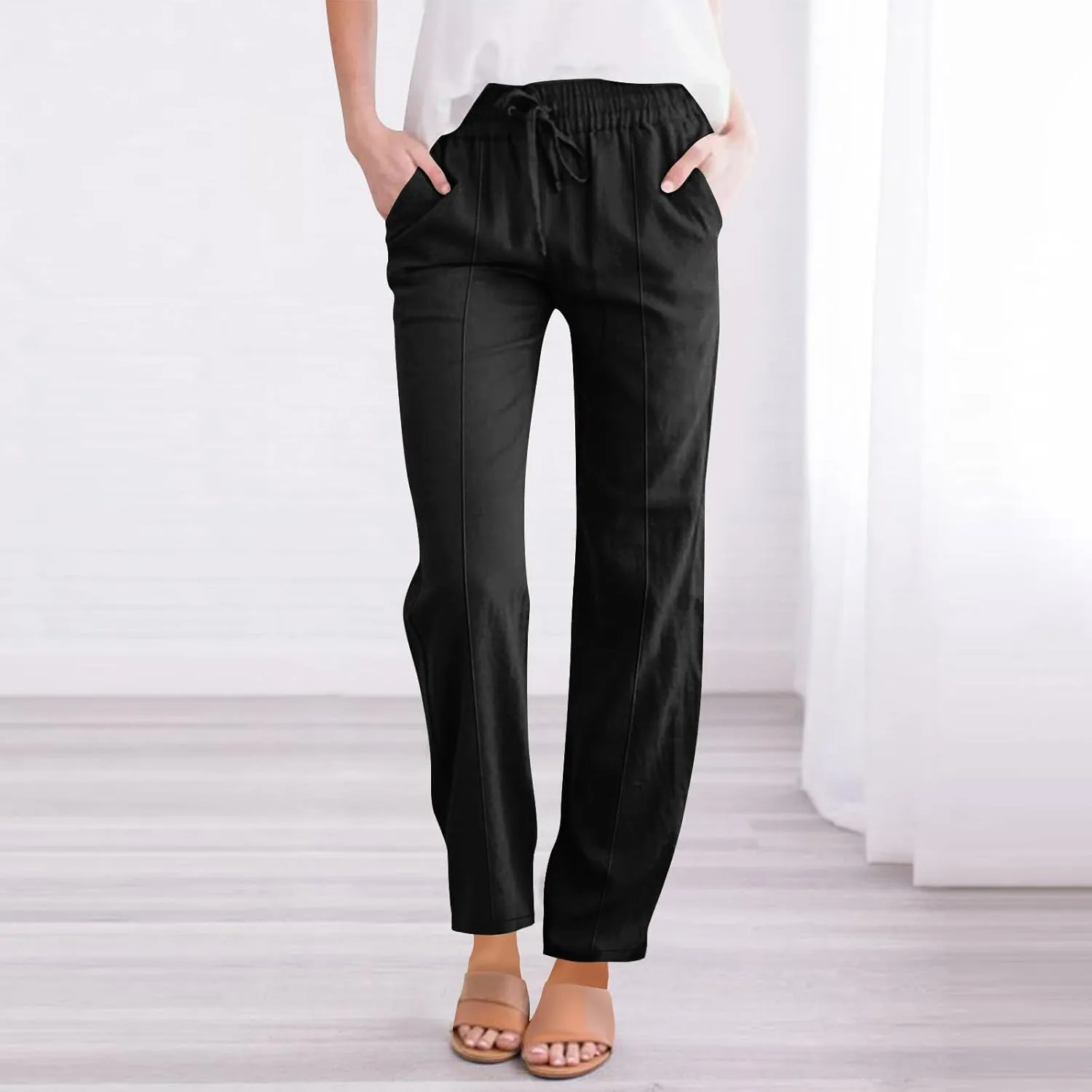 Straight Leg Cotton Linen Pants Women Summer Beach Lounge Pants Elastic Waist Drawstring Casual Trousers with Pockets