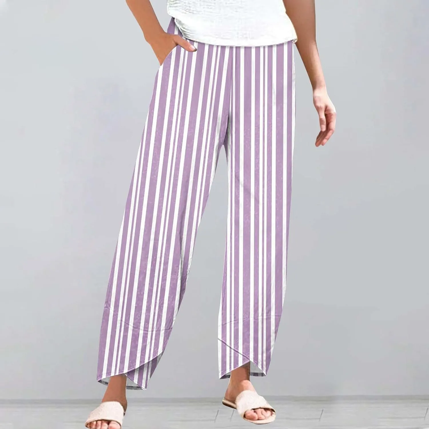 Striped Linen Pants for Women Summer Casual Straight Leg Capri Trousers Beach Relax Cropped Palazzo Pant with Pockets