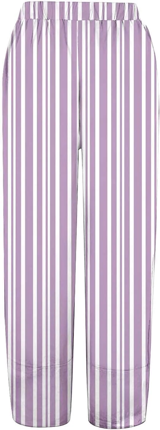 Striped Linen Pants for Women Summer Casual Straight Leg Capri Trousers Beach Relax Cropped Palazzo Pant with Pockets