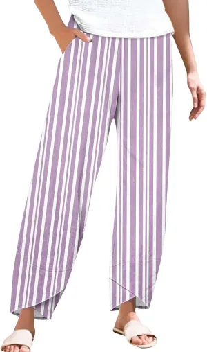 Striped Linen Pants for Women Summer Casual Straight Leg Capri Trousers Beach Relax Cropped Palazzo Pant with Pockets