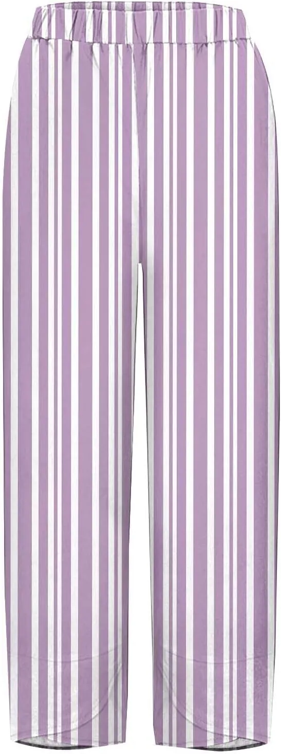 Striped Linen Pants for Women Summer Casual Straight Leg Capri Trousers Beach Relax Cropped Palazzo Pant with Pockets