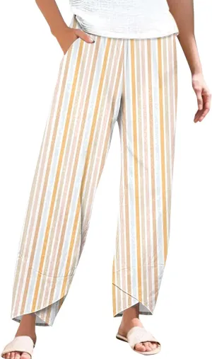 Striped Linen Pants for Women Summer Casual Wide Leg Capri Trousers with Pockets Beach Pull On Cropped Palazzo Pant