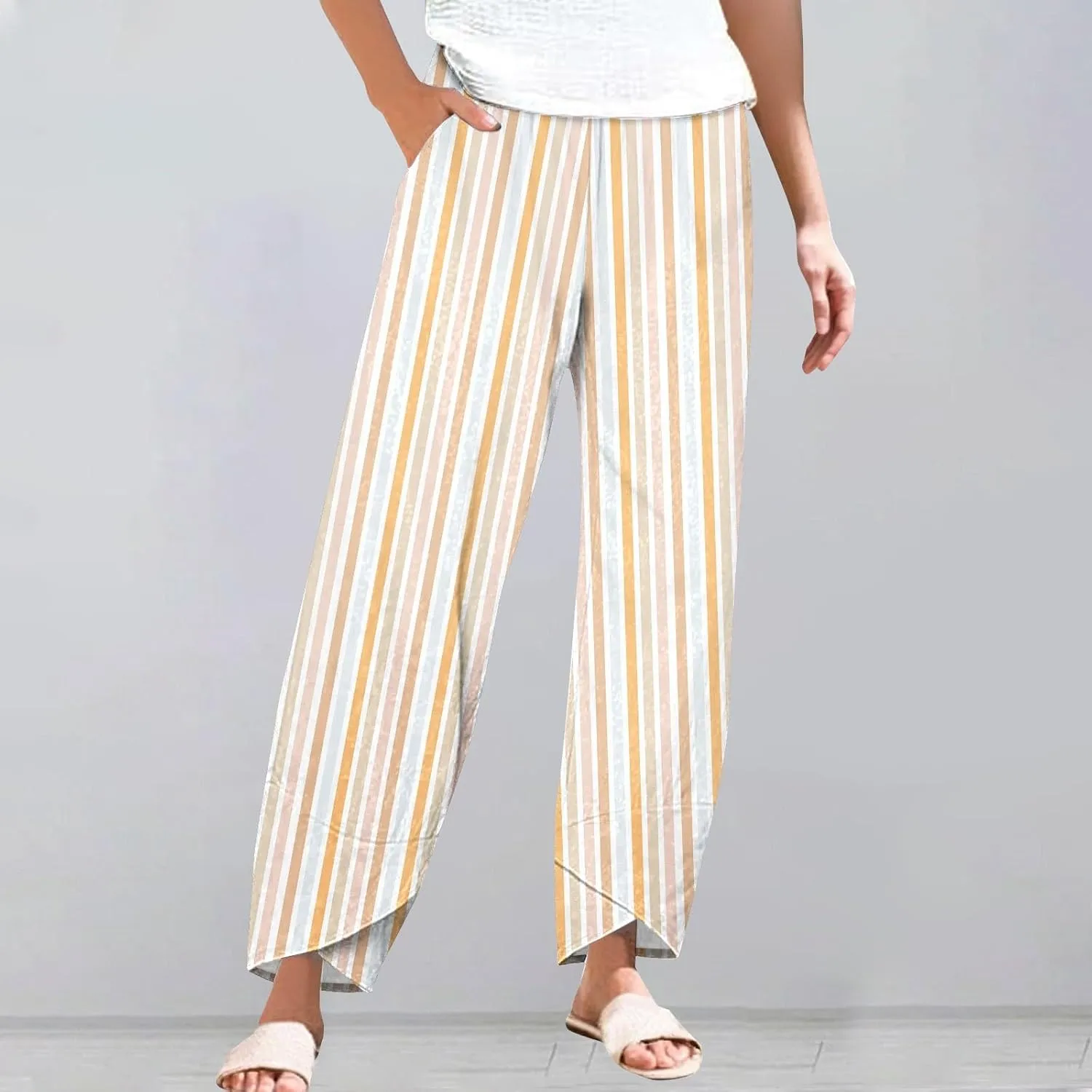 Striped Linen Pants for Women Summer Casual Wide Leg Capri Trousers with Pockets Beach Pull On Cropped Palazzo Pant