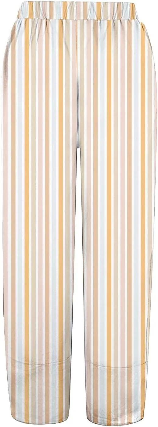 Striped Linen Pants for Women Summer Casual Wide Leg Capri Trousers with Pockets Beach Pull On Cropped Palazzo Pant