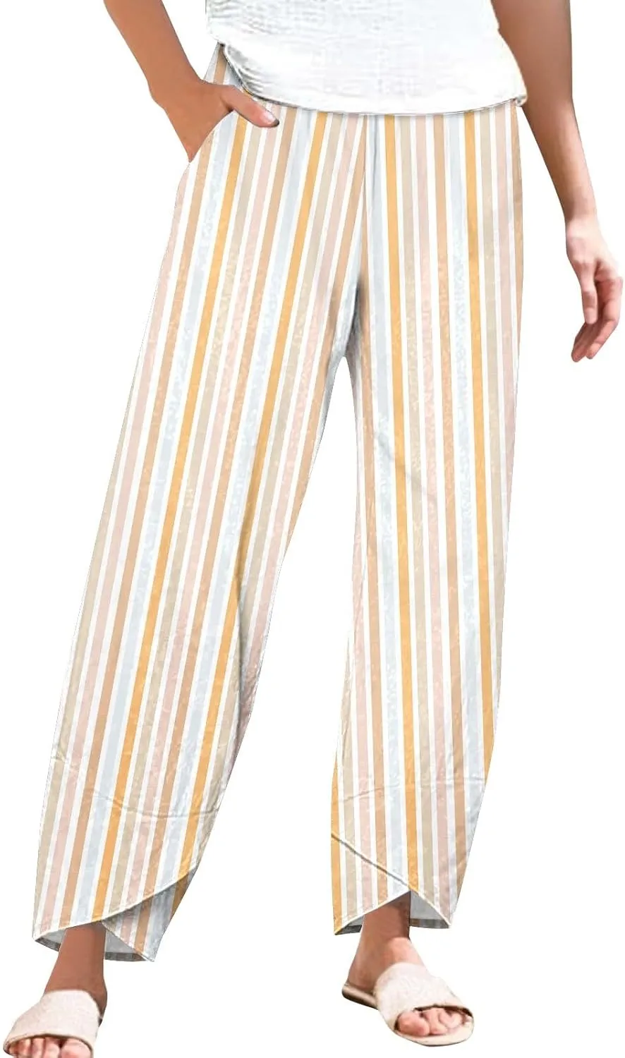 Striped Linen Pants for Women Summer Casual Wide Leg Capri Trousers with Pockets Beach Pull On Cropped Palazzo Pant