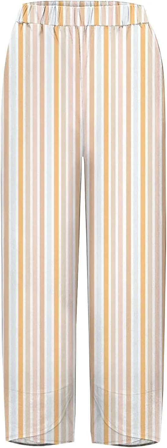Striped Linen Pants for Women Summer Casual Wide Leg Capri Trousers with Pockets Beach Pull On Cropped Palazzo Pant