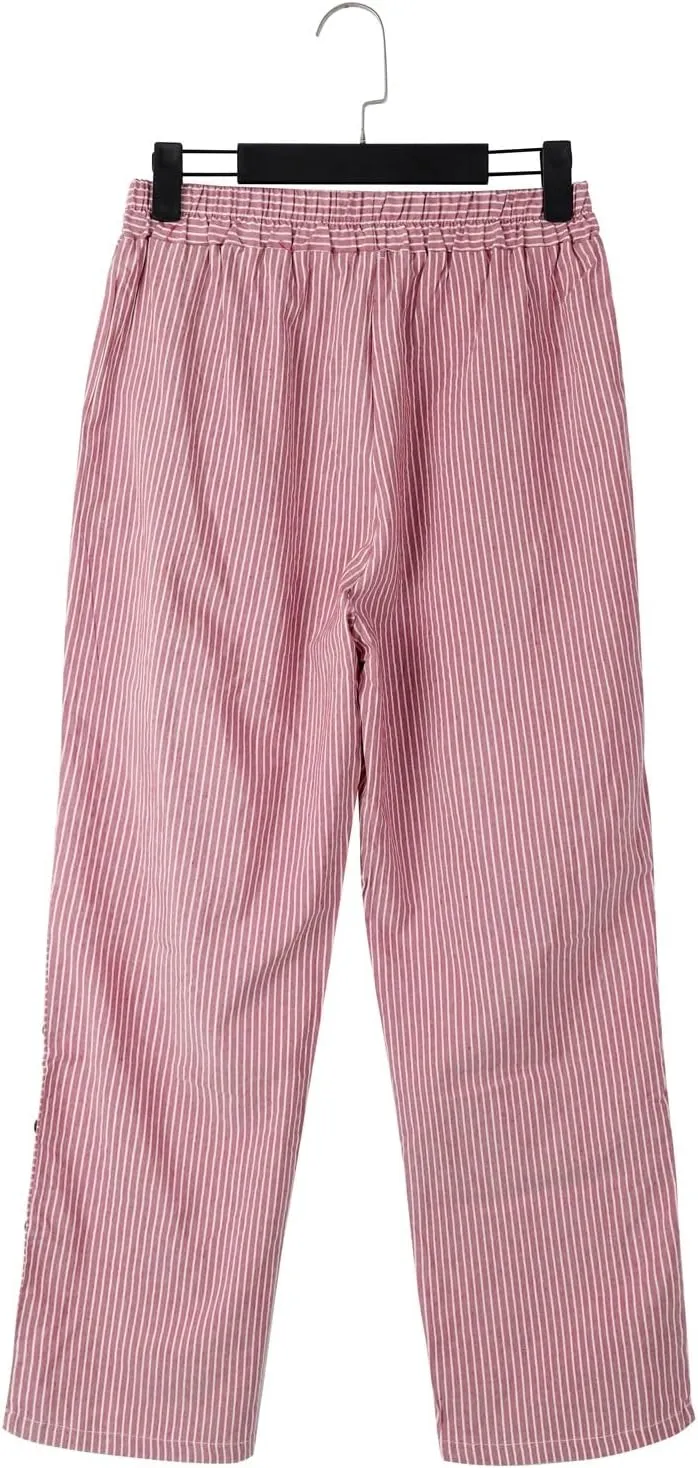 Striped Linen Pants Women Capri Gauze Side Button Elastic Waist Lightweight Casual Summer Beach Cropped Trousers 2025