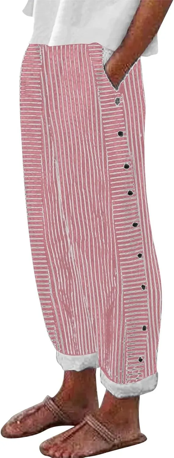 Striped Linen Pants Women Capri Gauze Side Button Elastic Waist Lightweight Casual Summer Beach Cropped Trousers 2025
