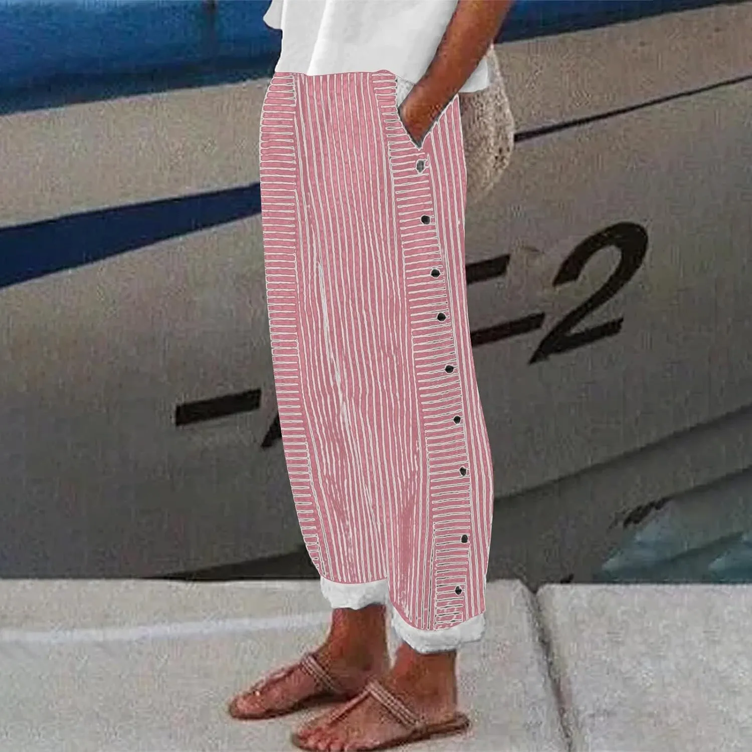 Striped Linen Pants Women Capri Gauze Side Button Elastic Waist Lightweight Casual Summer Beach Cropped Trousers 2025