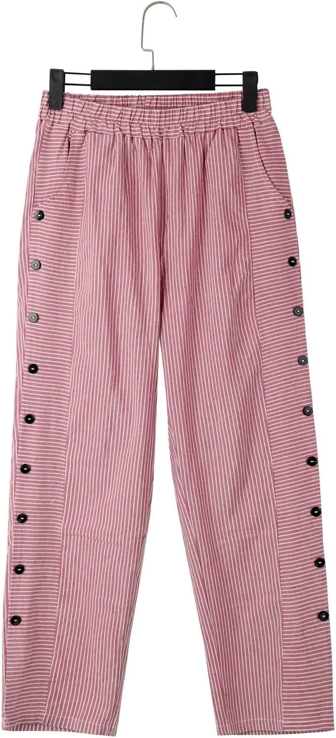 Striped Linen Pants Women Capri Gauze Side Button Elastic Waist Lightweight Casual Summer Beach Cropped Trousers 2025