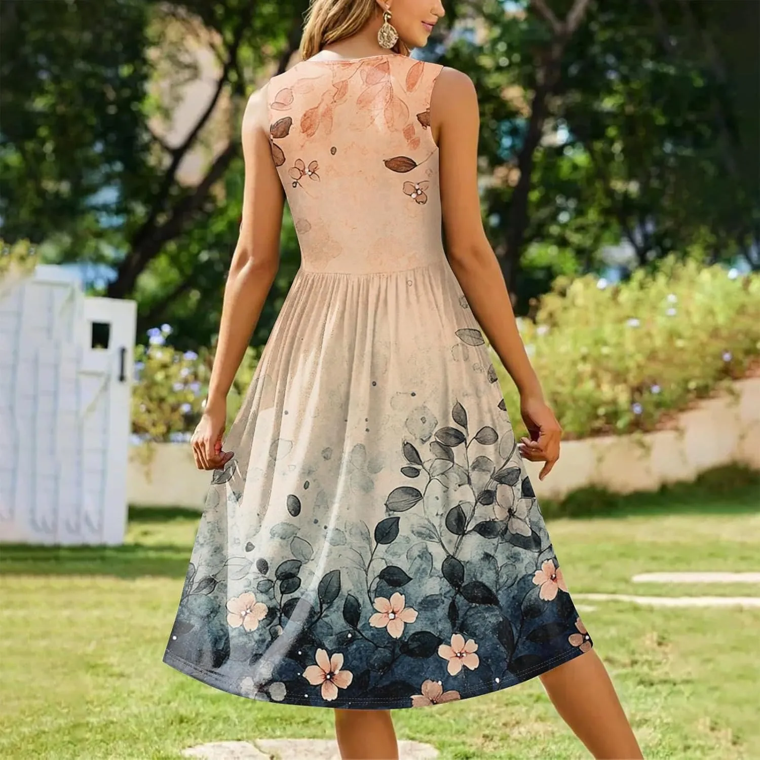 Summer Dresses for Women 2025 Casual A-Line Crew Neck Sleeveless Flowy Sundresses Elegant Floral Graphic Dress with Pockets