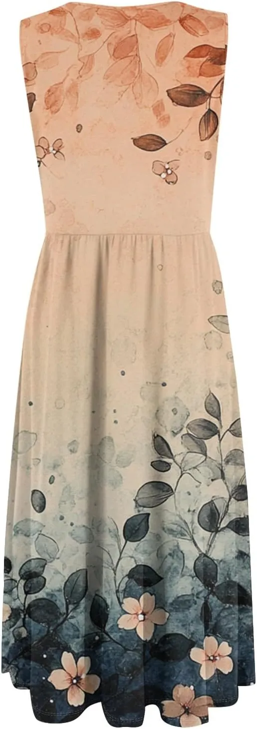 Summer Dresses for Women 2025 Casual A-Line Crew Neck Sleeveless Flowy Sundresses Elegant Floral Graphic Dress with Pockets