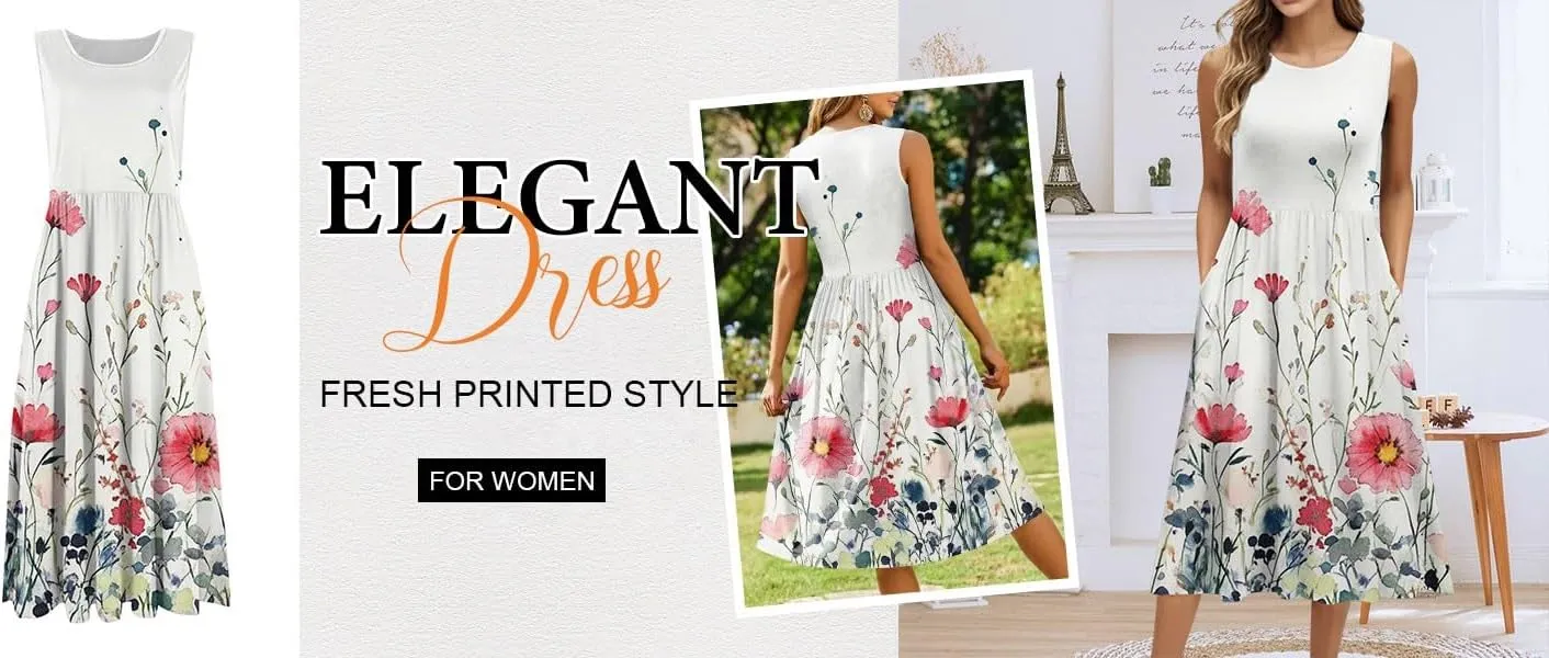 Summer Dresses for Women 2025 Casual A-Line Crew Neck Sleeveless Flowy Sundresses Elegant Floral Graphic Dress with Pockets