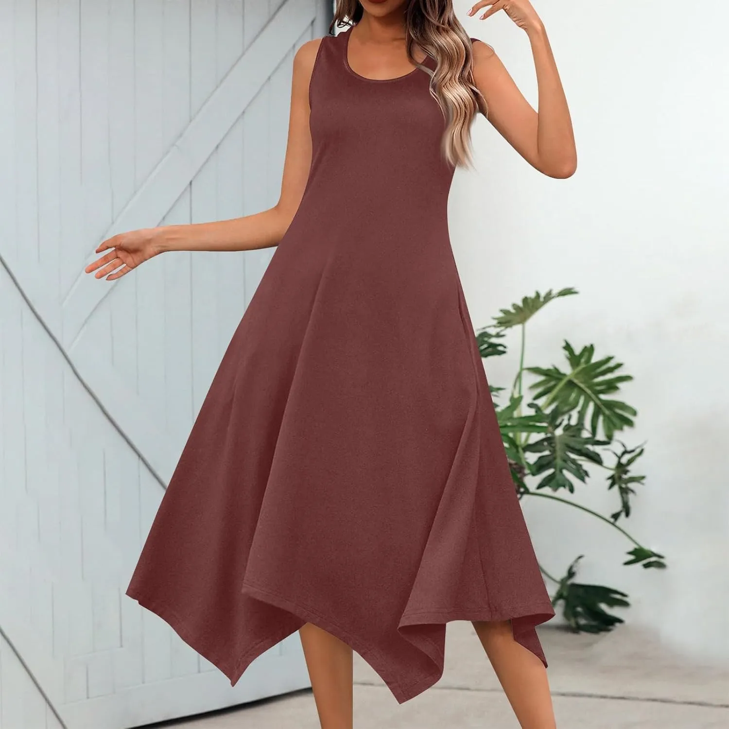 Summer Dresses for Women 2025 Casual Loose Sleeveless Crewneck Sundresses Trendy Solid Color Flowy Hem Tank Dress