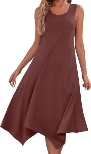Summer Dresses for Women 2025 Casual Loose Sleeveless Crewneck Sundresses Trendy Solid Color Flowy Hem Tank Dress