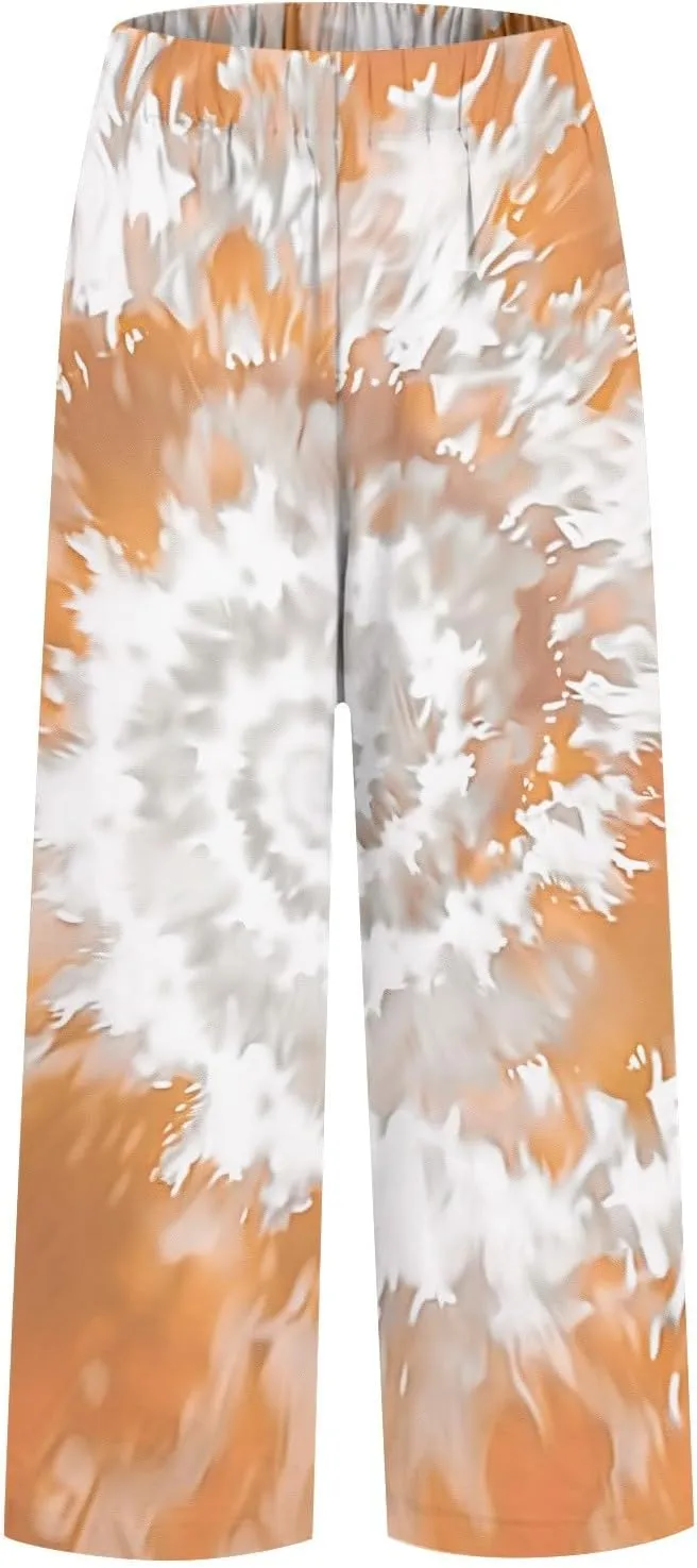 Summer Linen Pants for Women Wide Leg Boho Floral Printed Pants Drawstring Loose Fit Palazzo Trousers with Pockets
