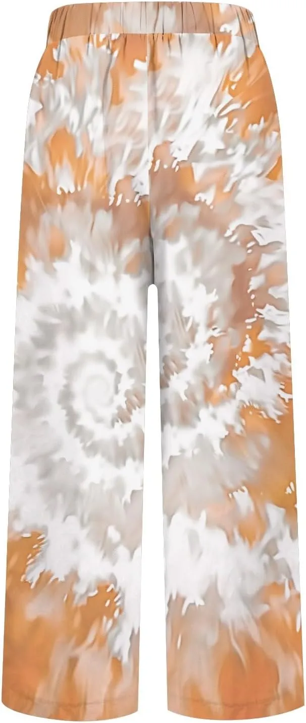 Summer Linen Pants for Women Wide Leg Boho Floral Printed Pants Drawstring Loose Fit Palazzo Trousers with Pockets