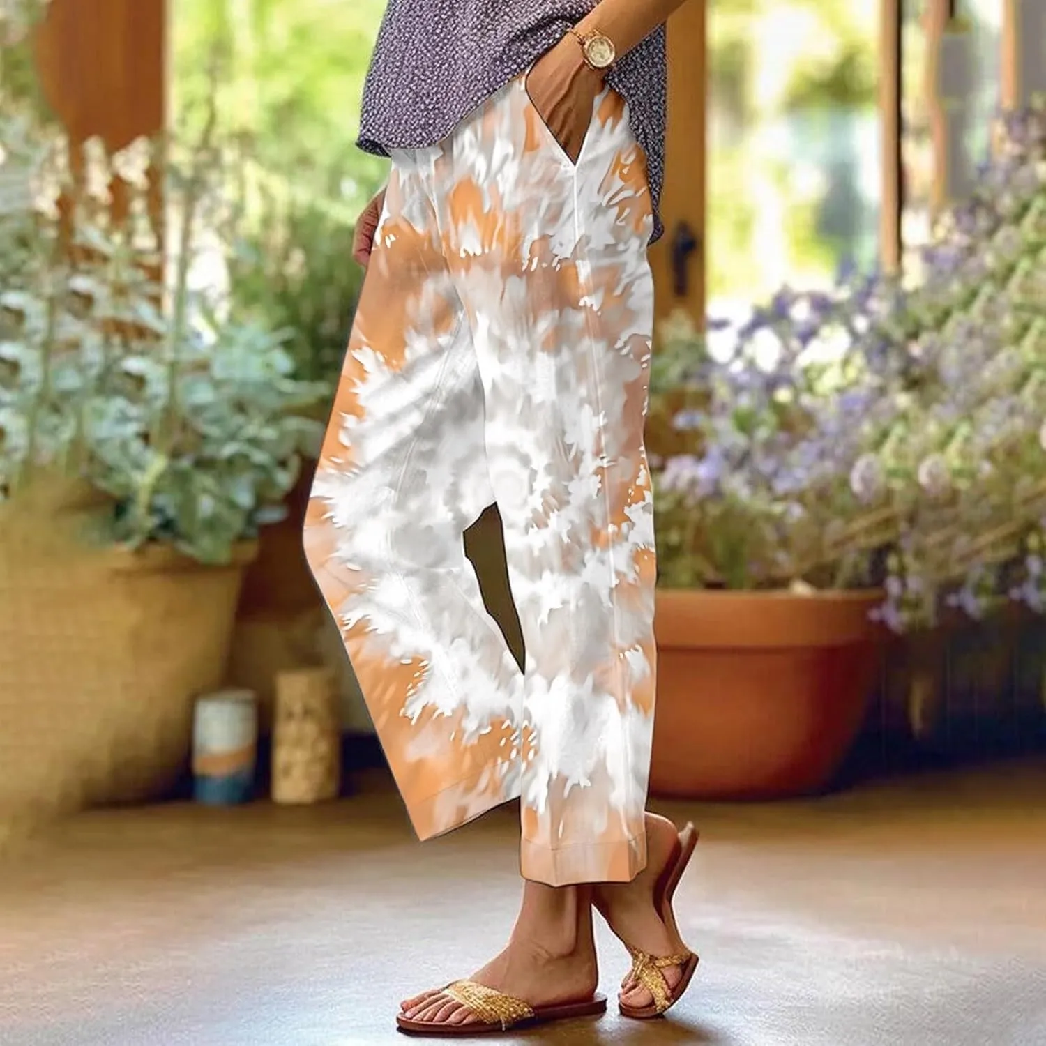 Summer Linen Pants for Women Wide Leg Boho Floral Printed Pants Drawstring Loose Fit Palazzo Trousers with Pockets