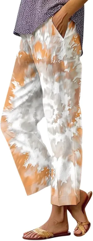 Summer Linen Pants for Women Wide Leg Boho Floral Printed Pants Drawstring Loose Fit Palazzo Trousers with Pockets