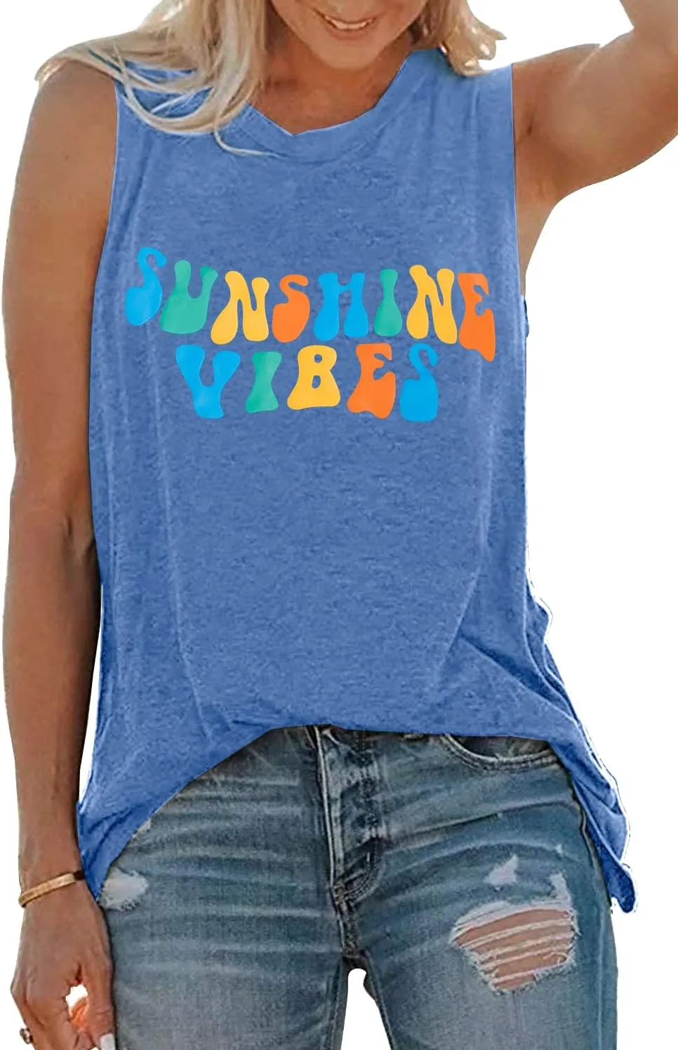 Sunshine Vibes Letter Print Vest T Shirt Women's Summer Sleeveless Graphic Tank Tops Casual Loose Workout Tees