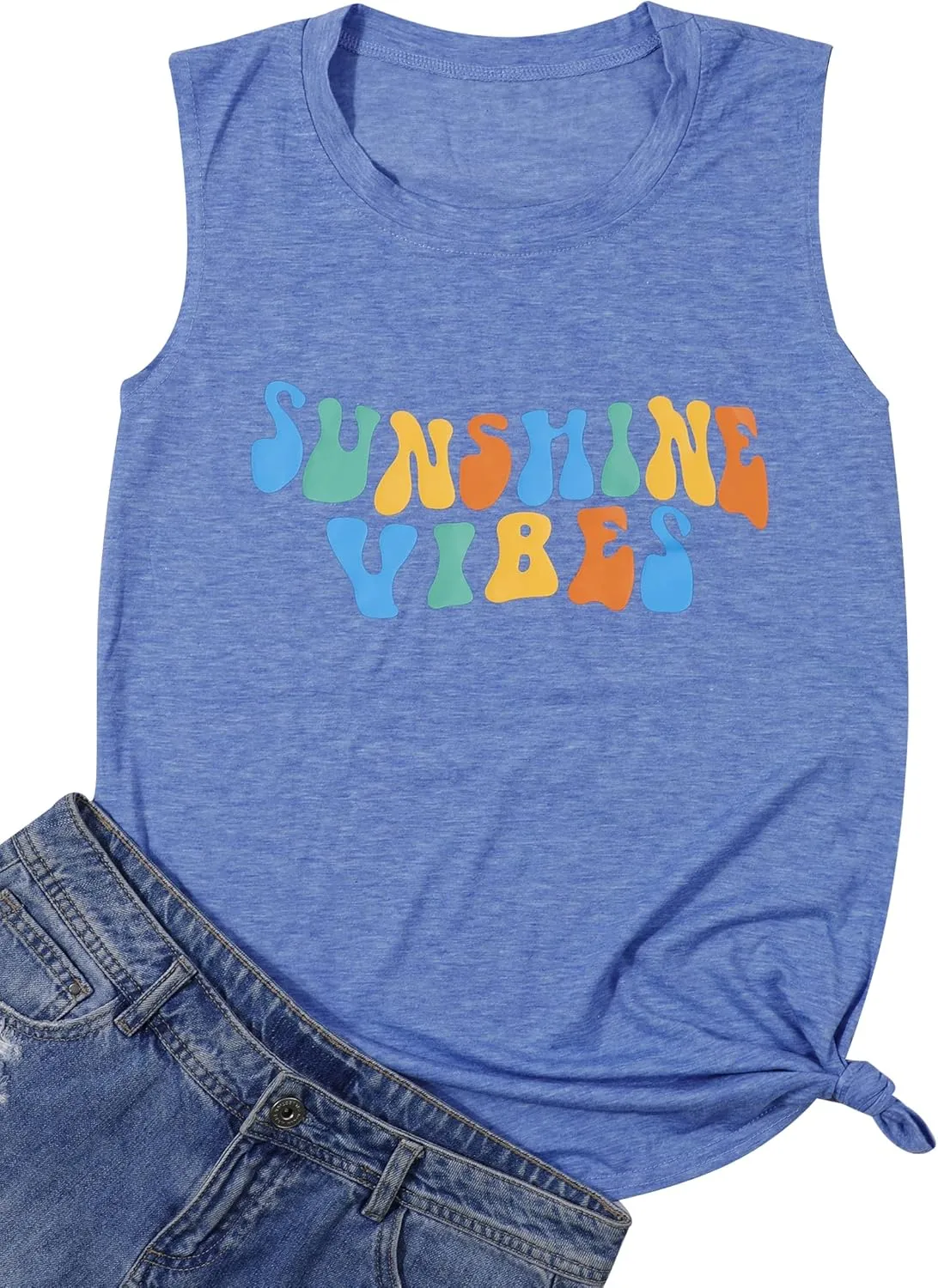 Sunshine Vibes Letter Print Vest T Shirt Women's Summer Sleeveless Graphic Tank Tops Casual Loose Workout Tees