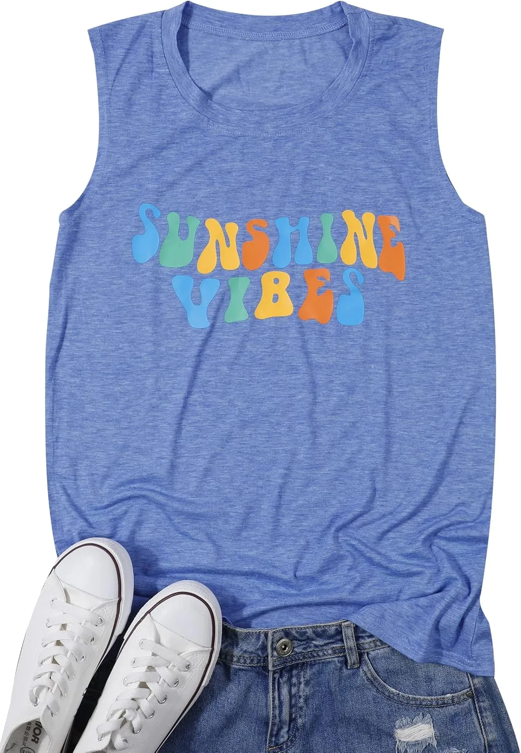 Sunshine Vibes Letter Print Vest T Shirt Women's Summer Sleeveless Graphic Tank Tops Casual Loose Workout Tees