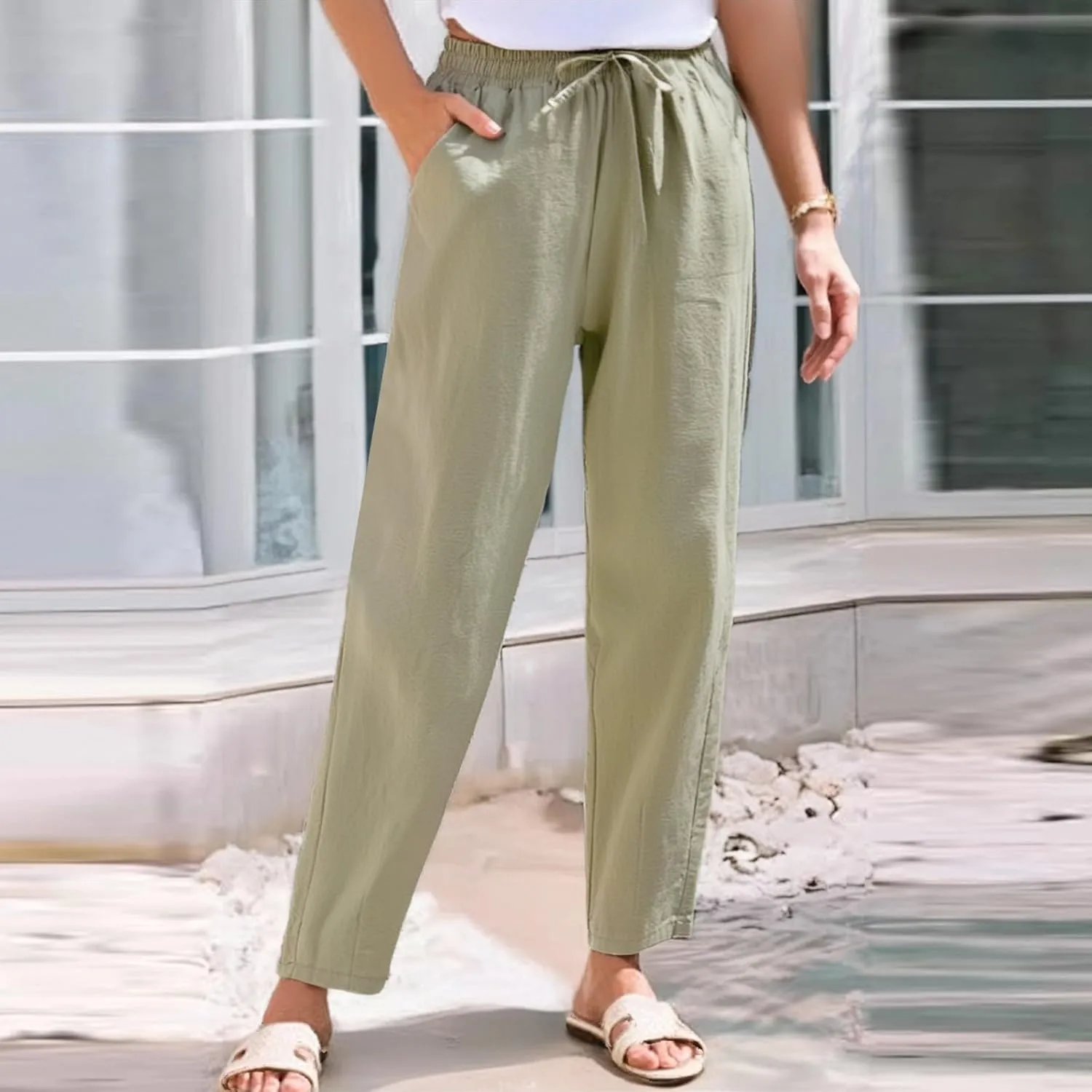 Sweatpants Women Golf Cotton Linen Low Rise,Wide Leg Pants Striped, Trousers with Pockets Baggy Wide