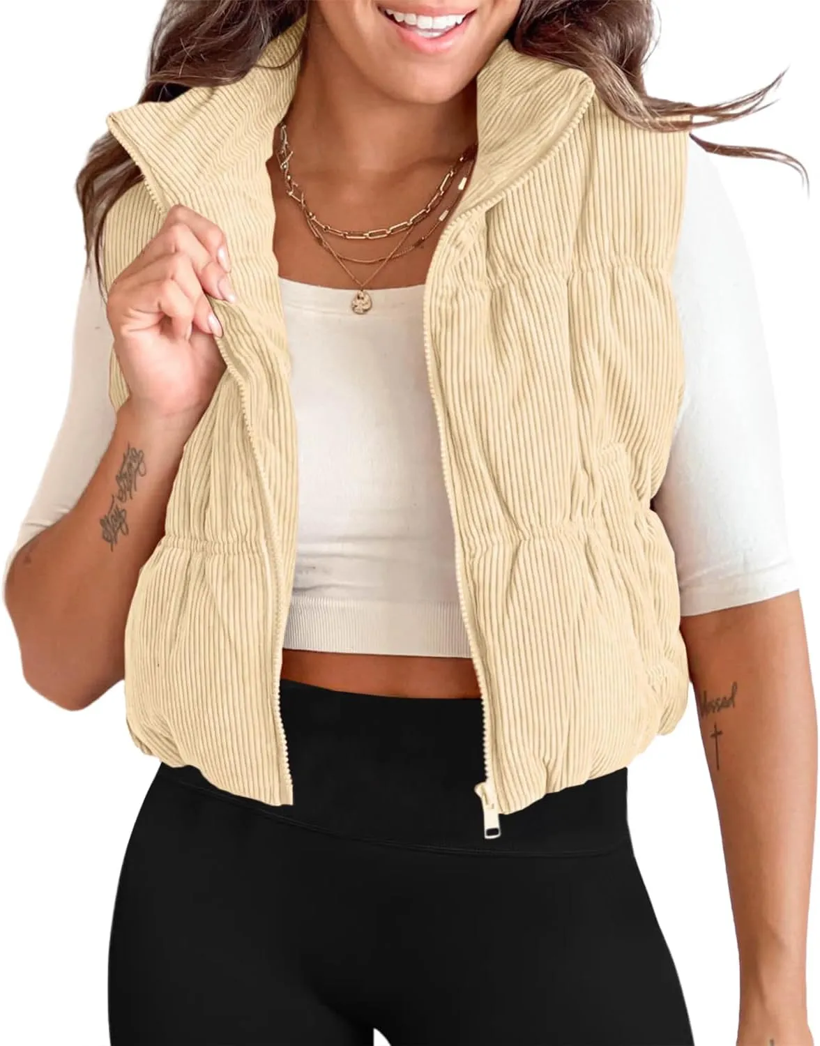 Tankaneo Womens Cropped Puffer Vest Corduroy Lightweight Sleeveless Padded Coat Zip Up Warm Outerwear