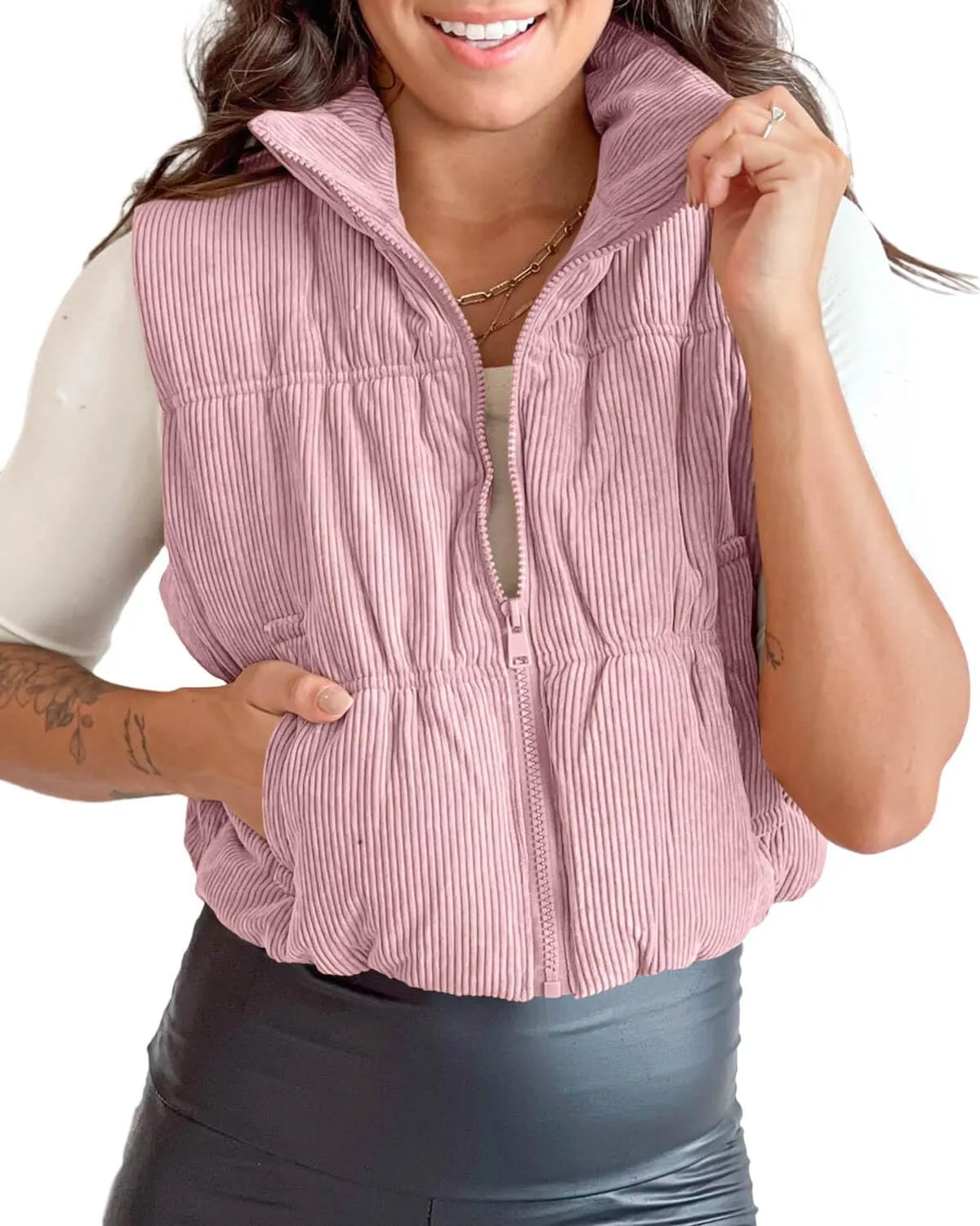 Tankaneo Womens Cropped Puffer Vest Corduroy Lightweight Sleeveless Padded Coat Zip Up Warm Outerwear